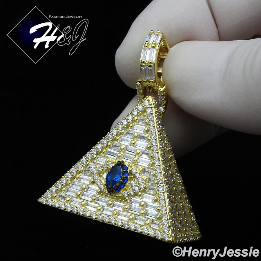 925 STERLING SILVER ICY BLING CZ GOLD PLATED 3D EGYPTIAN PYRAMID PENDANT*GP312