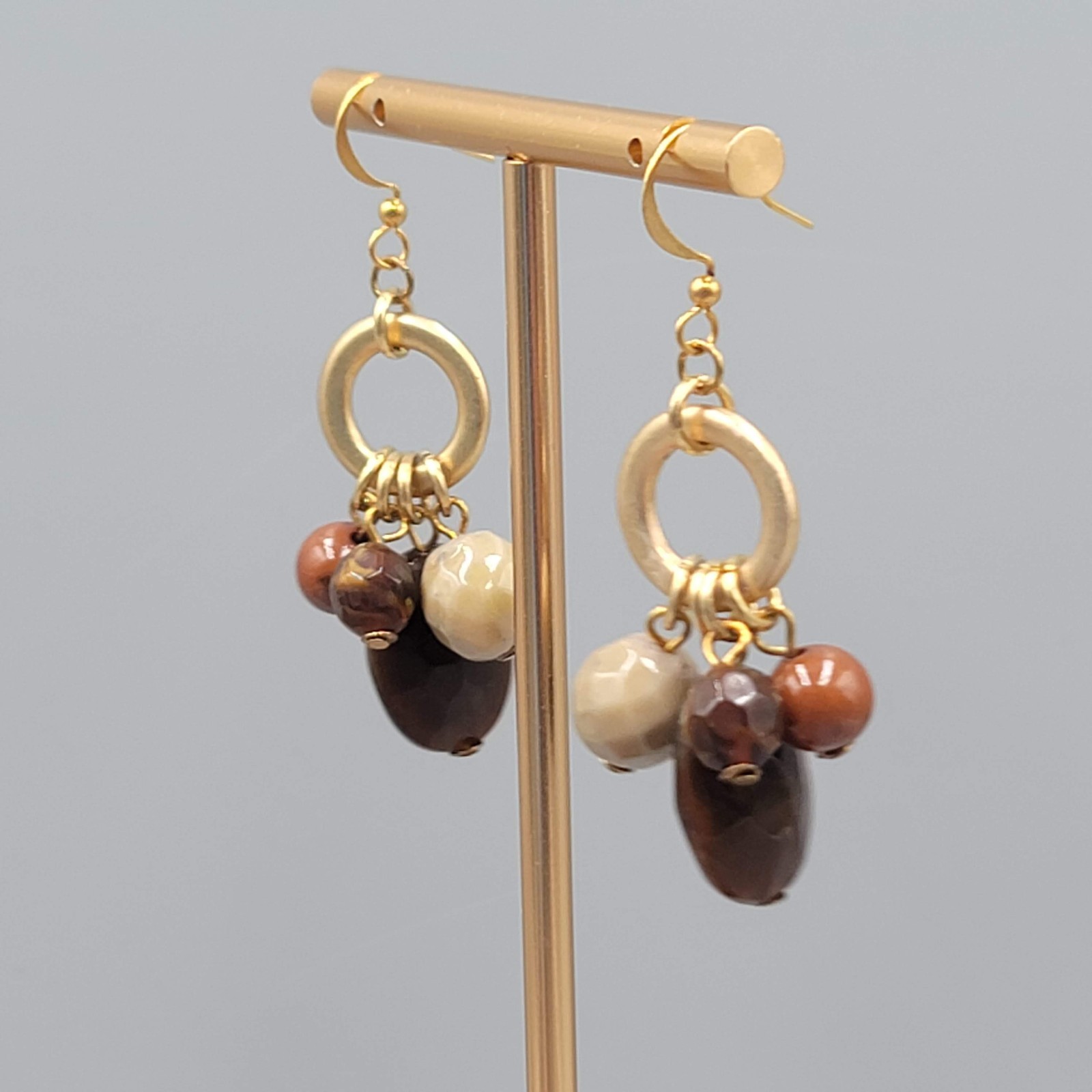 Brown Beige Orange Bead Pierced Earrings Gold tone Dangle 1.5 in