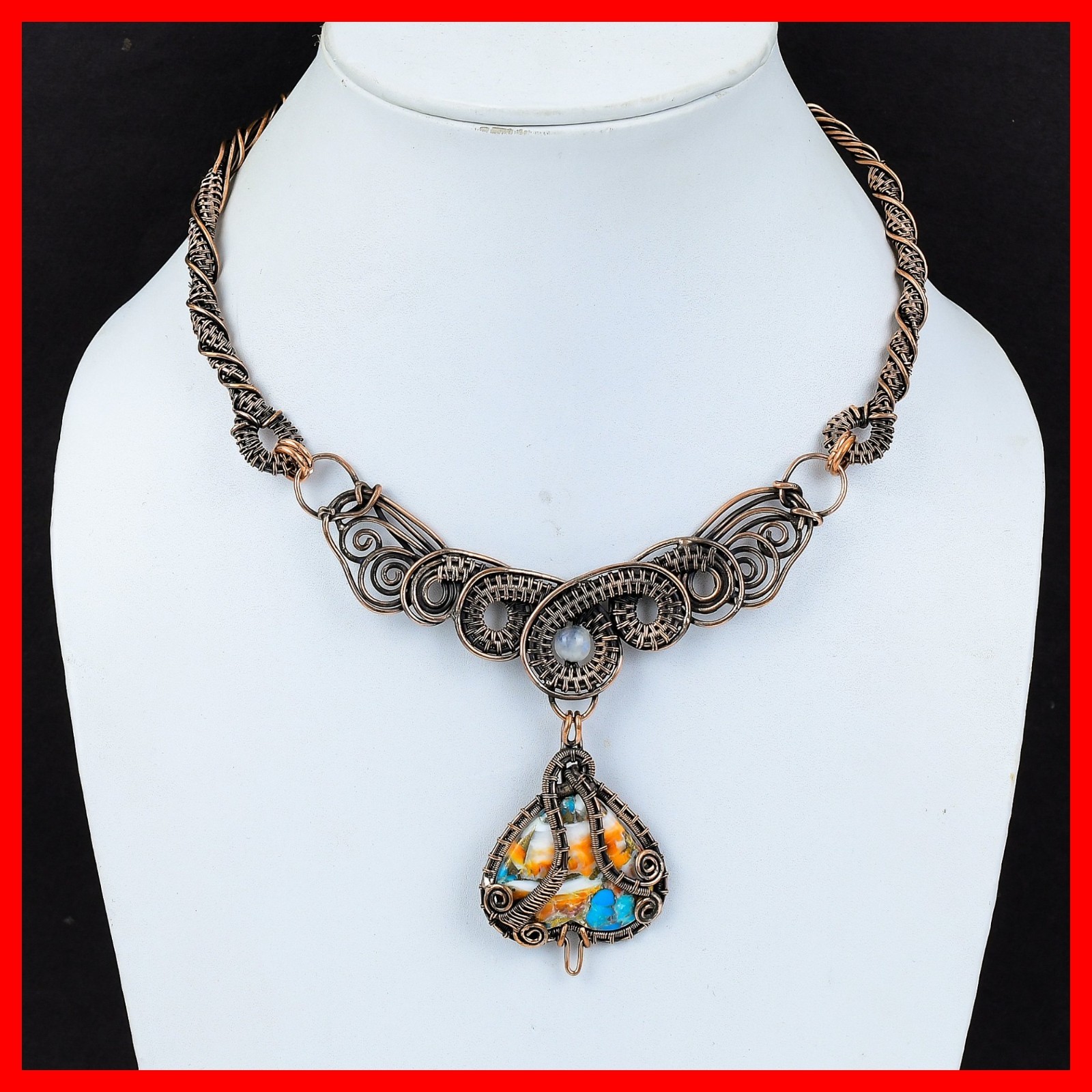 Spiny Oyster Copper Turquoise Stone Rainbow Moonstone Hook Chain Necklace Copper