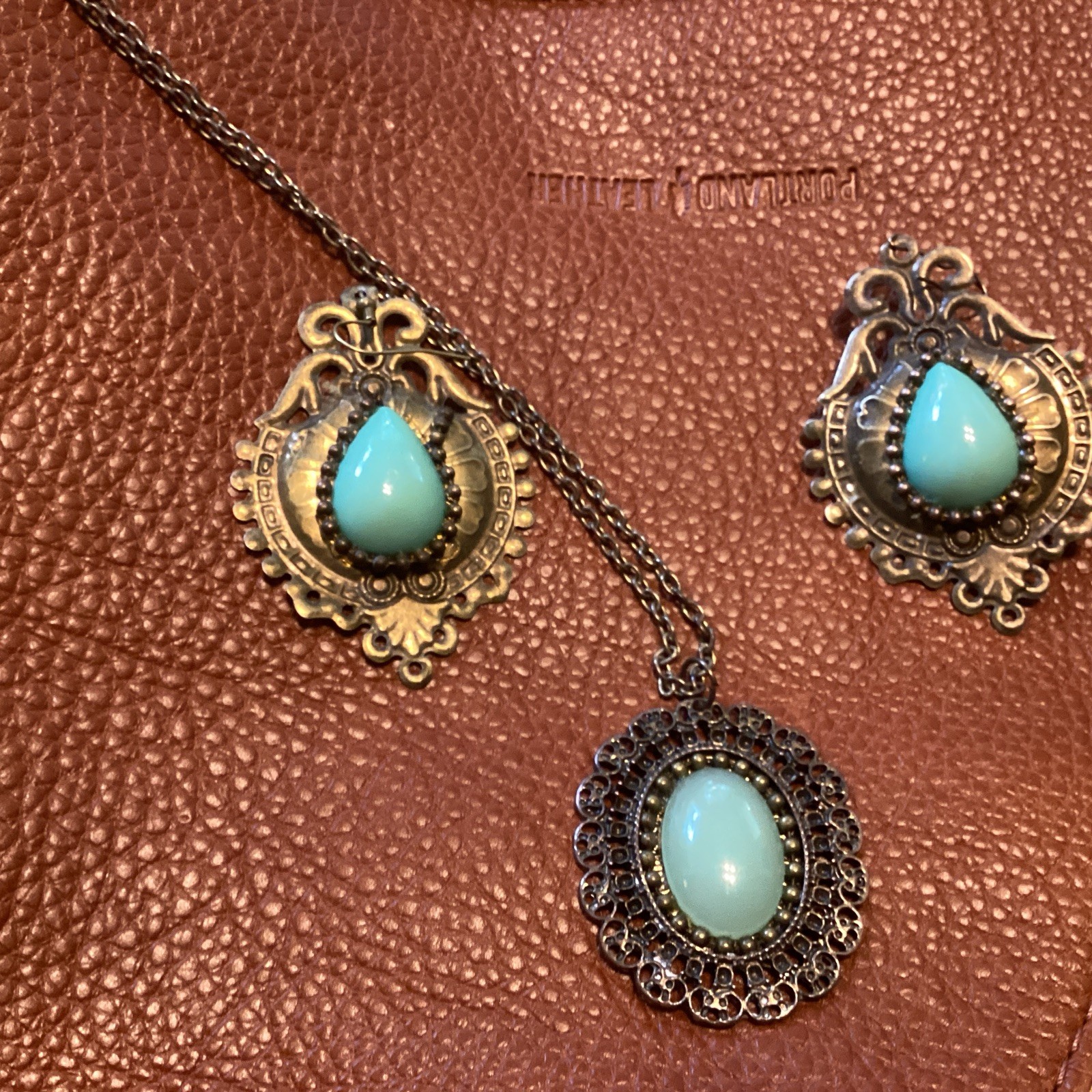 Faux Jadeite Earrings & Necklace Boho Flapper Victorian Style