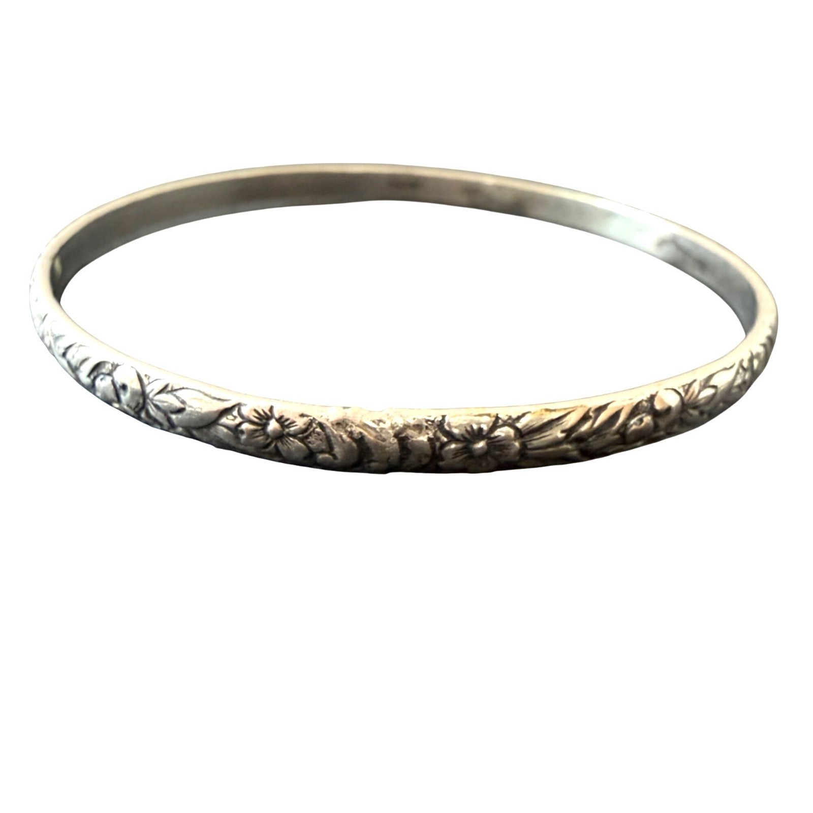 Vintage Bangle Bracelet Floral Engraved Stackable Boho Silver Tone