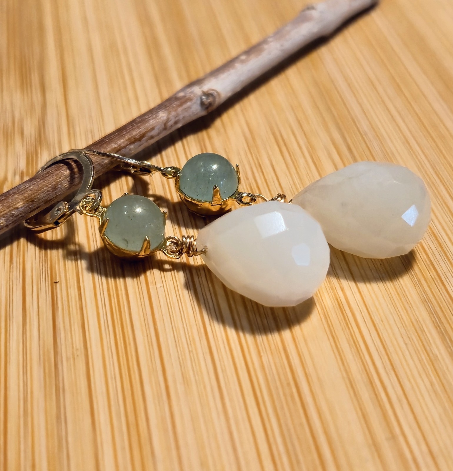 Natural Green Jade In Large Drop Gold Plated Earrings