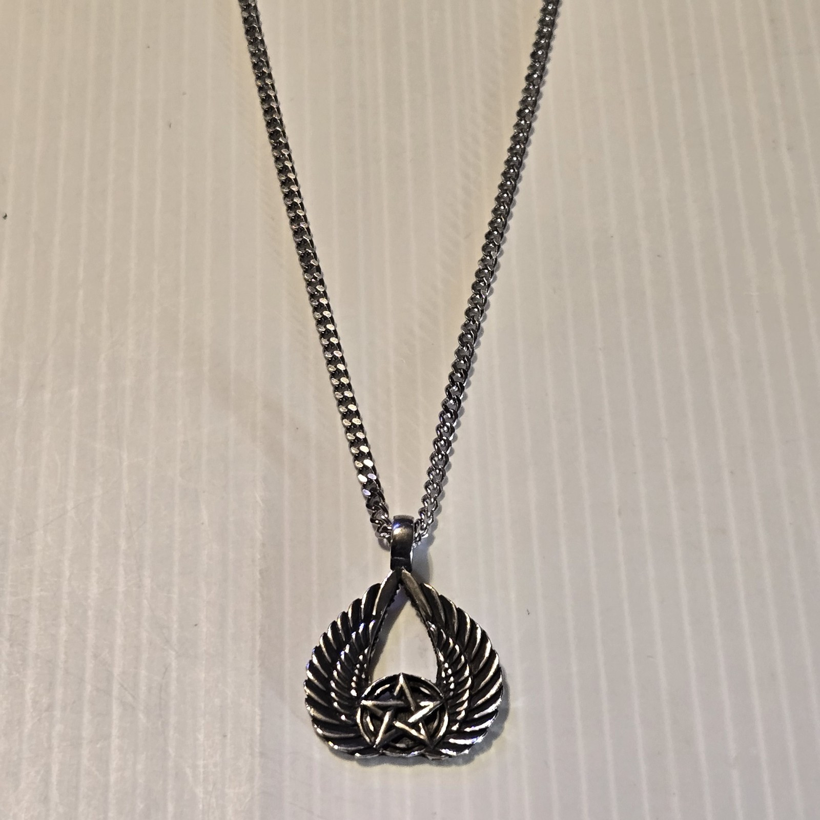 PENTAGRAM / WINGS Pewter Pendant Charm /18″-24″ STAINLESS CURB CHAIN NECKLACE
