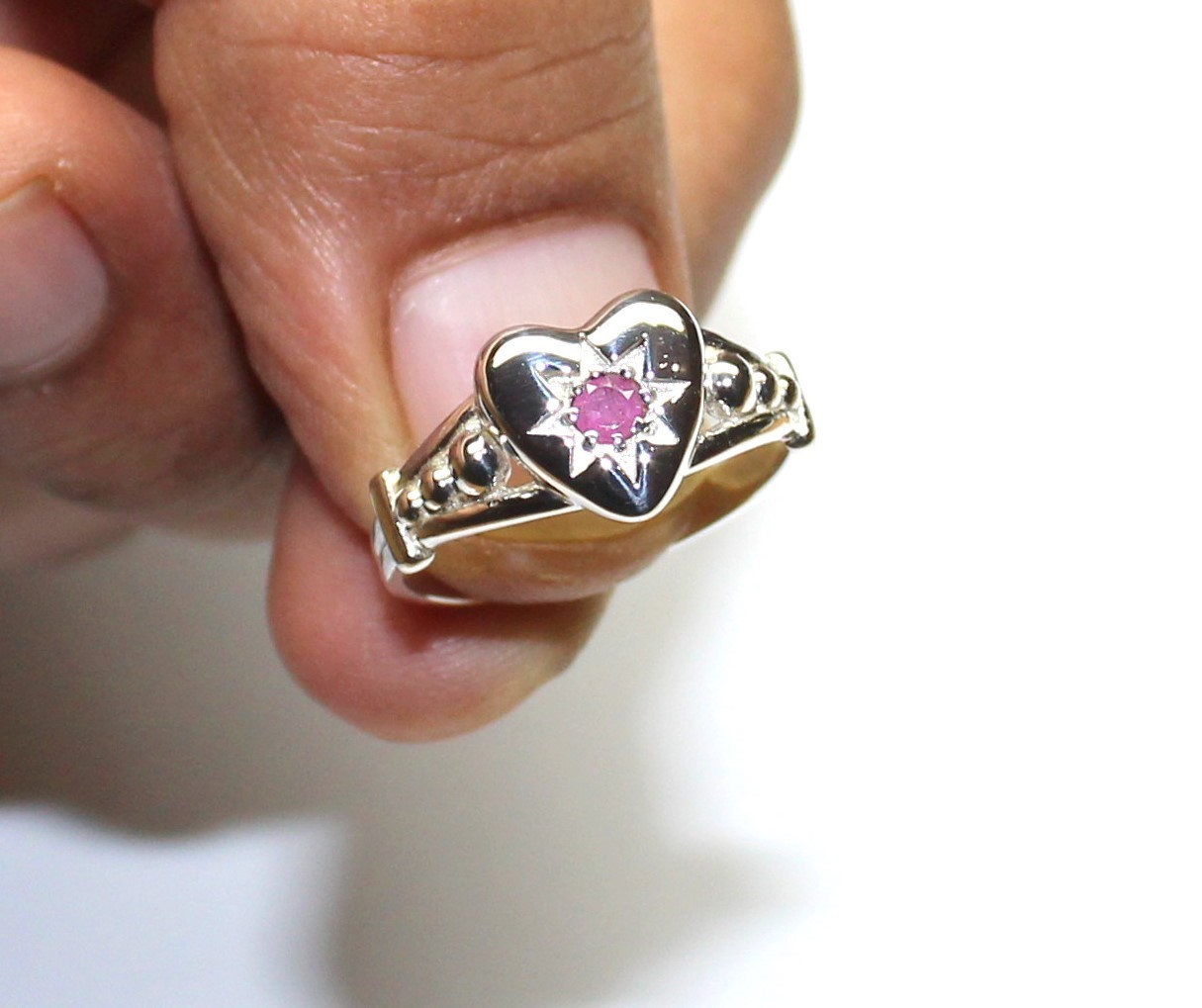 Natural Burmese Ruby Ring, Sterling Silver Unique Engagement Heart Jewelry