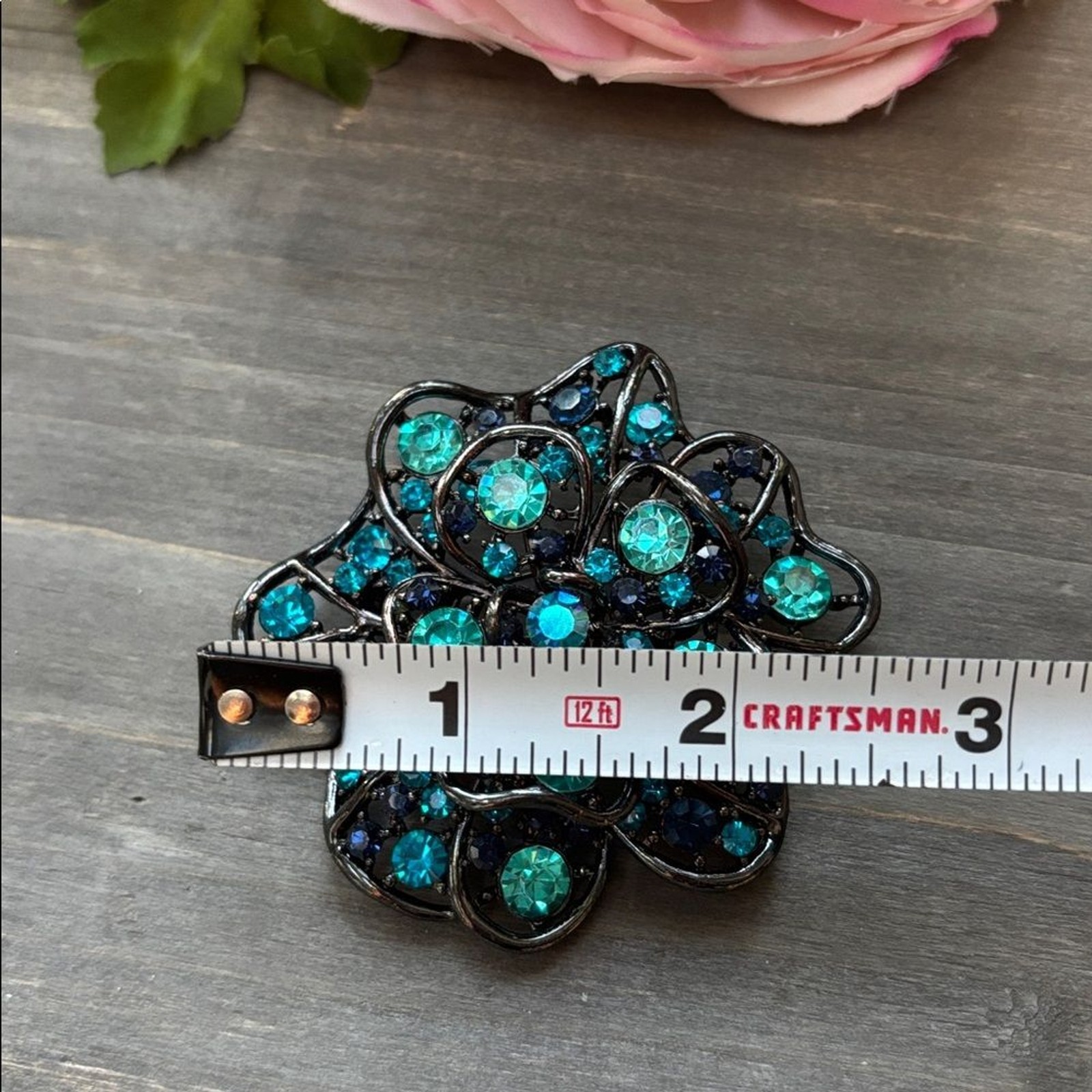 Large Blue and Teal Rhinestone Brooch with Rhodium Finish