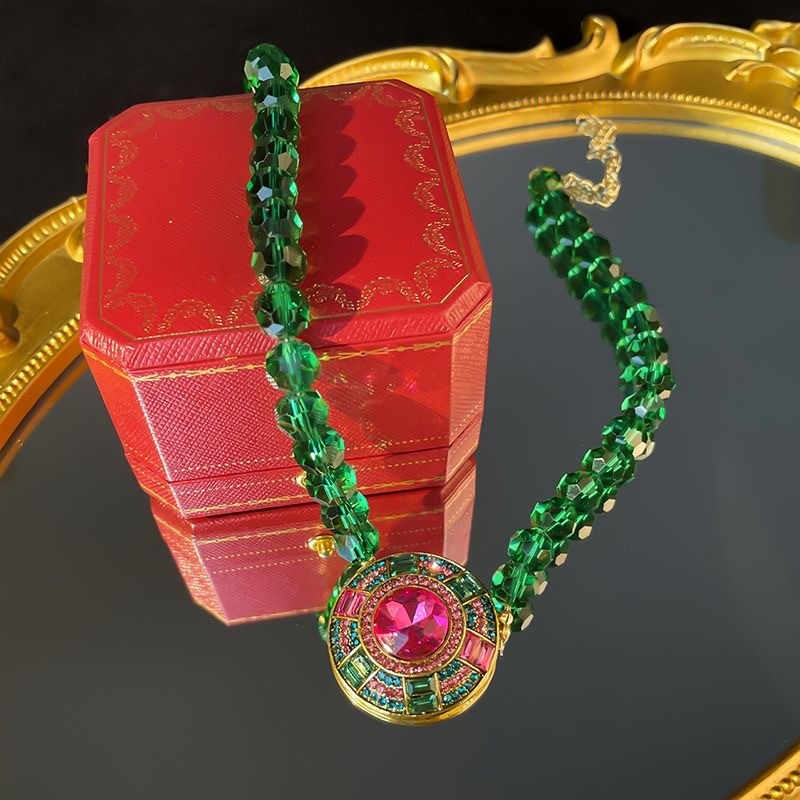 Vintage Multicolor Rhinestone Jewelry Set Green Crystal Beaded Necklace forwoman