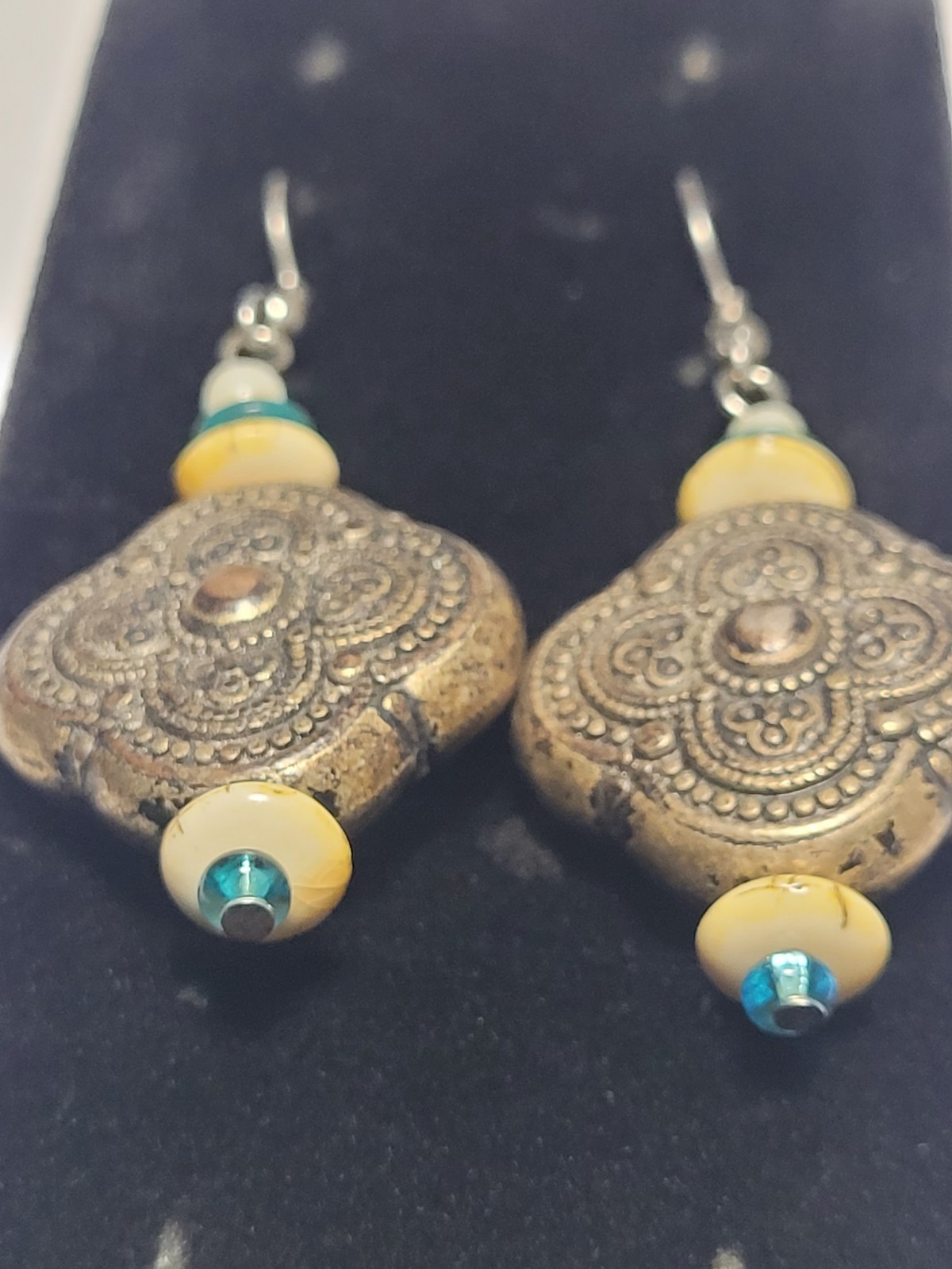 Bronzetone Boho Tribal Style Quatrefoil Clover Dangle Beaded Statement Earrings