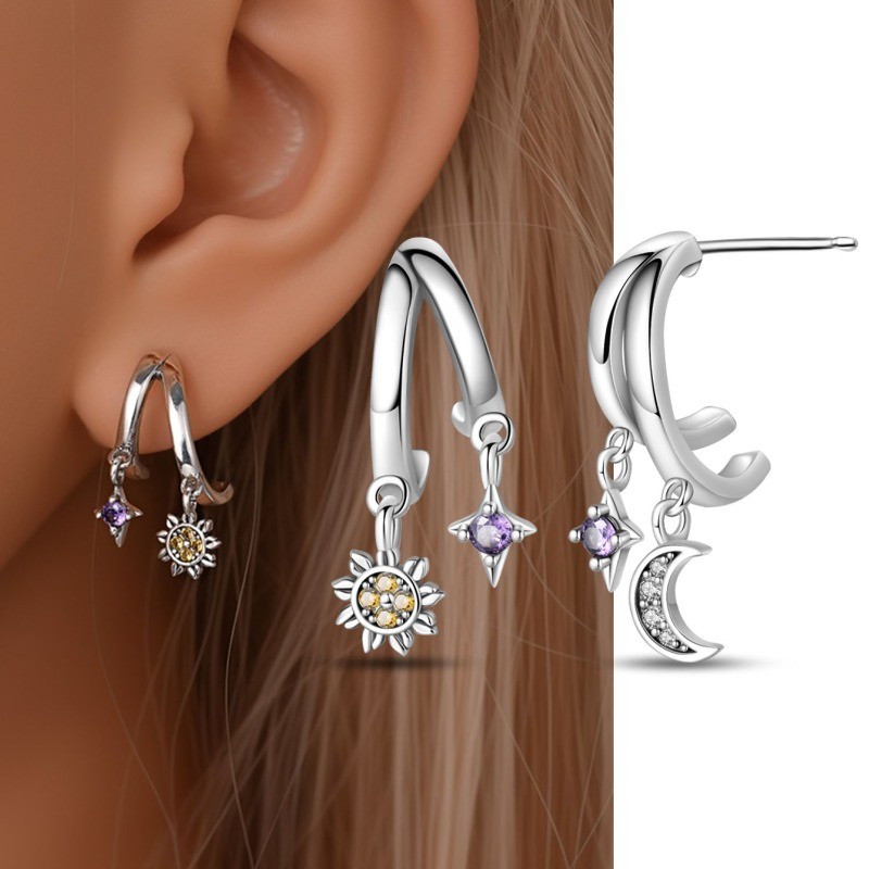 KUNSIR 925 Sterling Silver Sun and Moon Stud Earrings For Women Jewelry Gifts