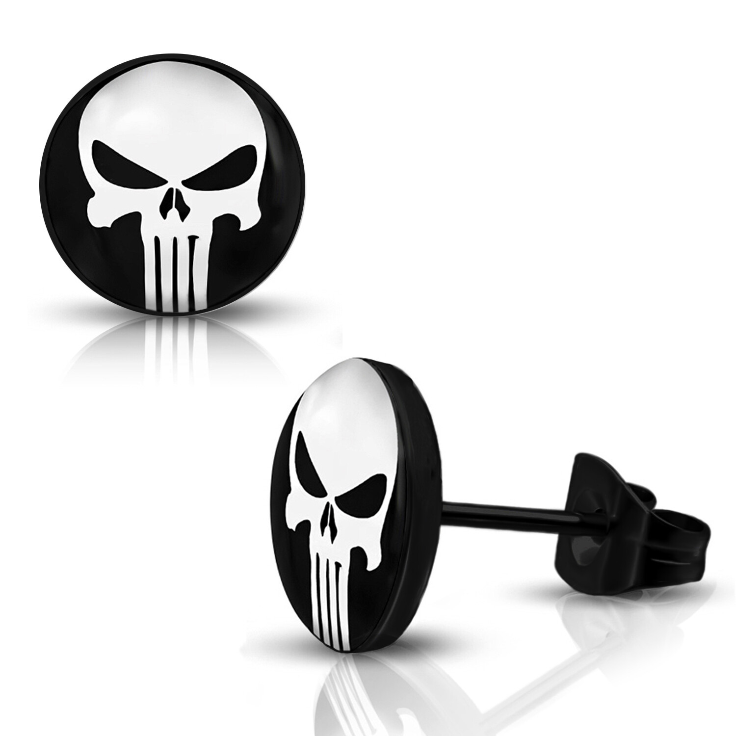 Stainless Steel Punisher Skull Round Circle Button Stud Post Piercing Earrings