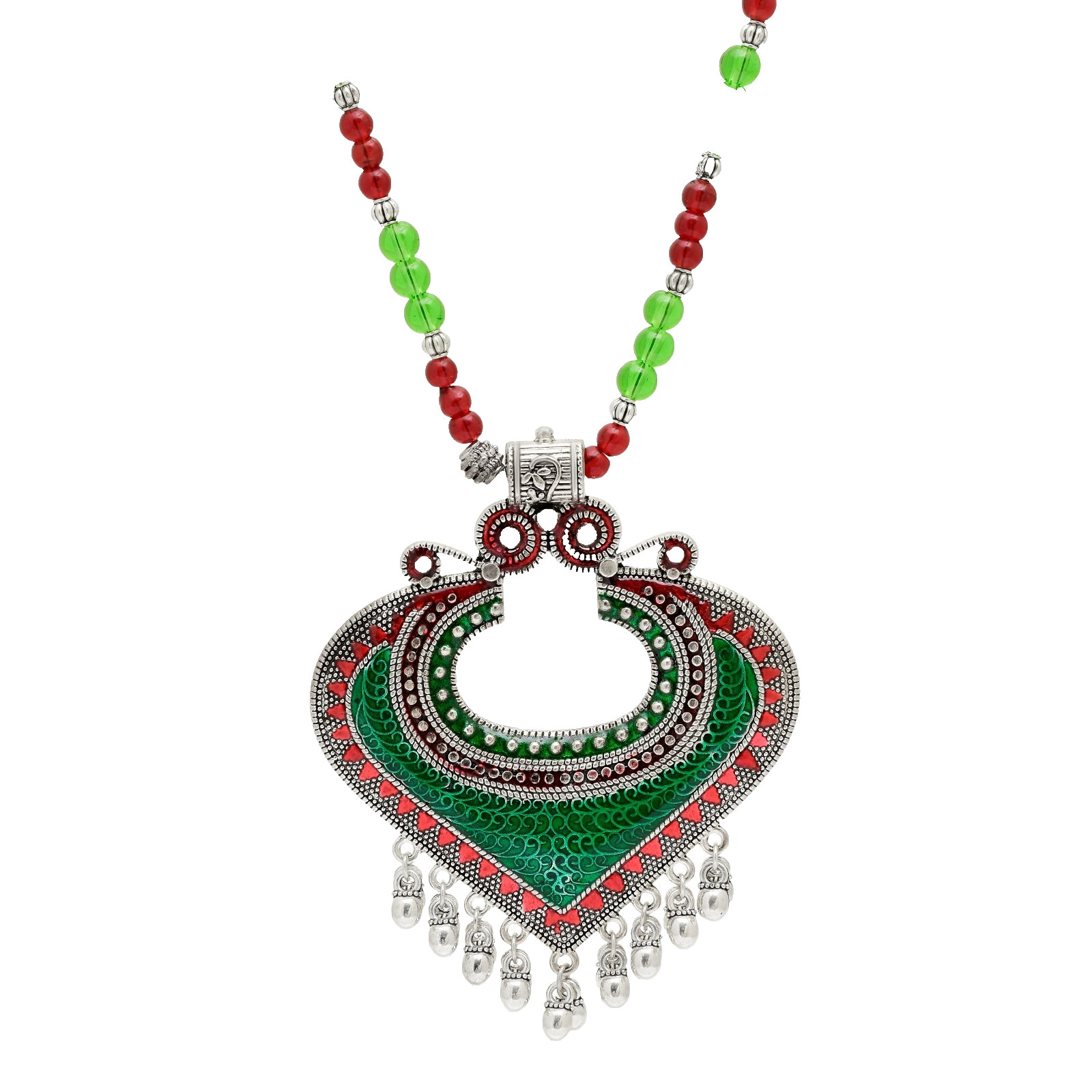 Boho Tribal Oxidized Silver-Tone heart Statement Necklace | Red & Green Beaded