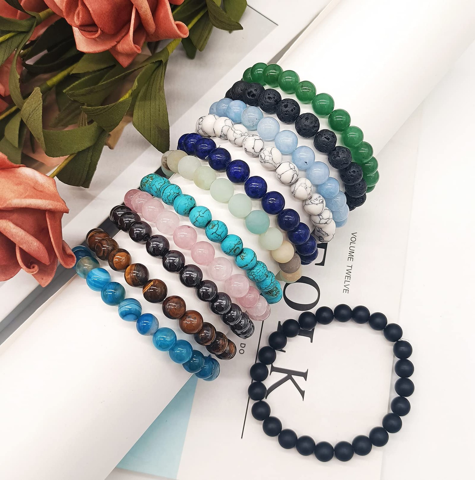12Pcs Natural Stone Beaded Bracelets for Women Men Semi-Precious Gemstones Br…