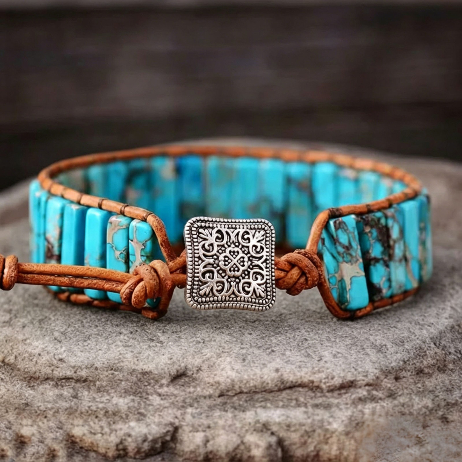Natural Turquoise Tube Stone Bracelet Leather Braided Healing Reiki Gifts 6.7 in
