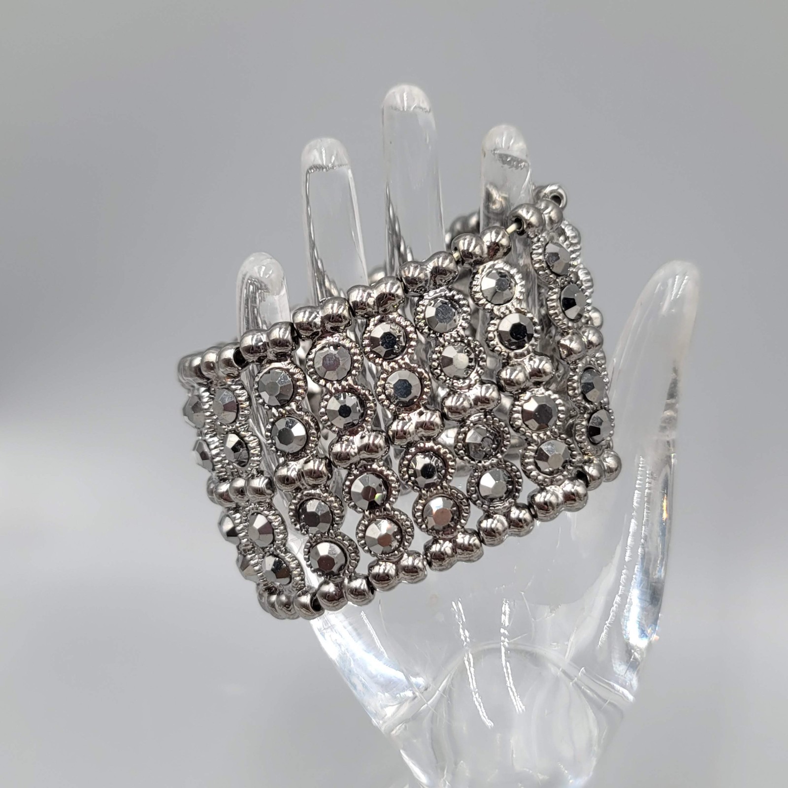 Wide Cuff Bead Bracelet Stretch Gunmetal Gray Rhinestone 7 in