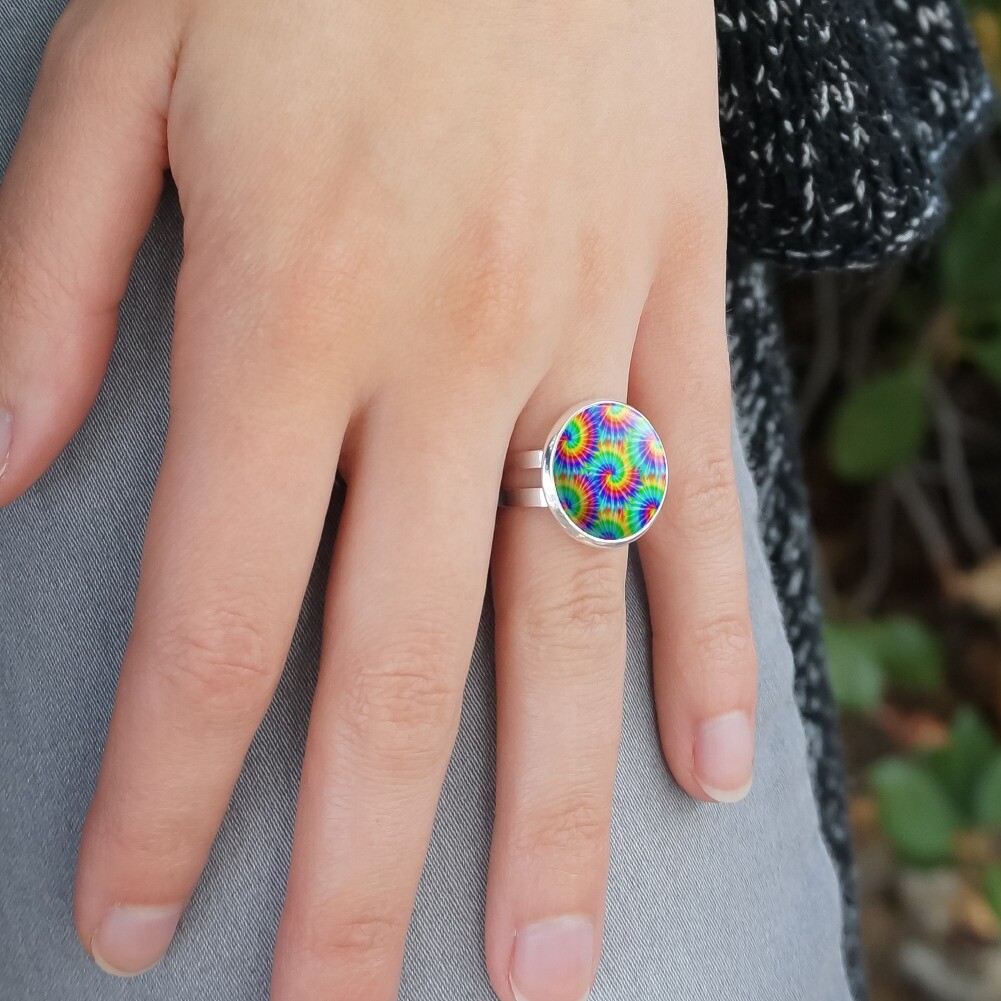 Tie Dye Pattern Silver Plated Adjustable Novelty Ring