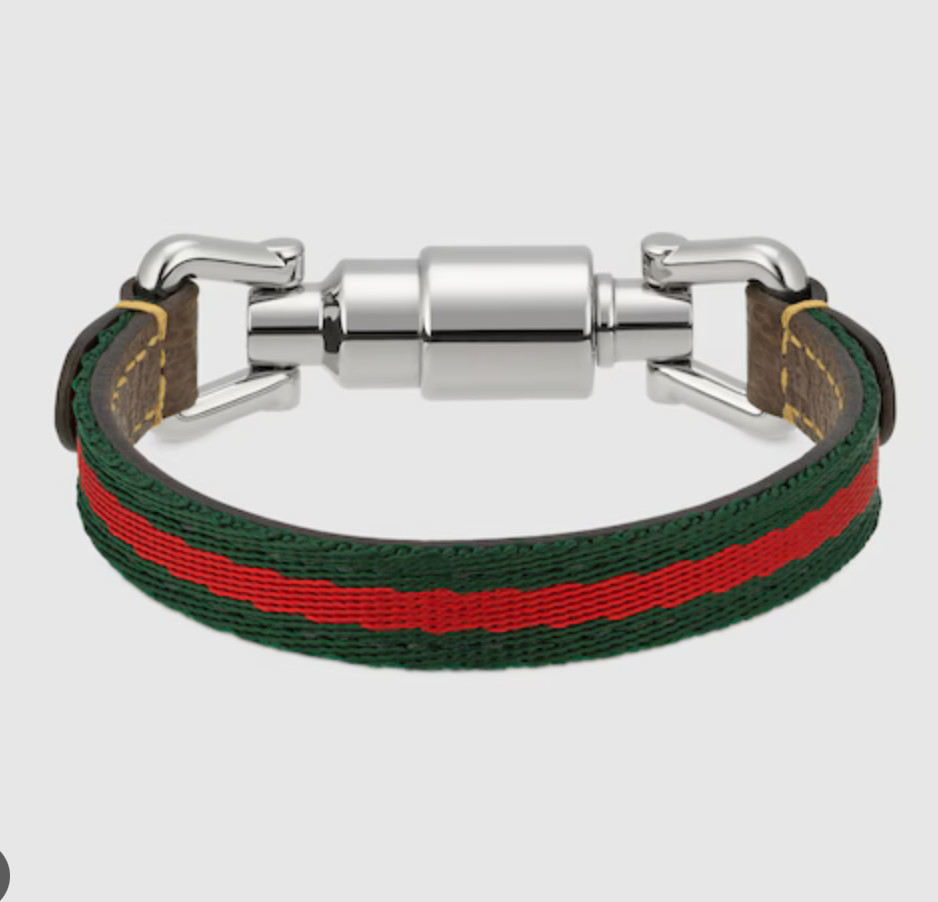 Gucci 759954 Piston Closure Green Red Nylon Leather Bracelet