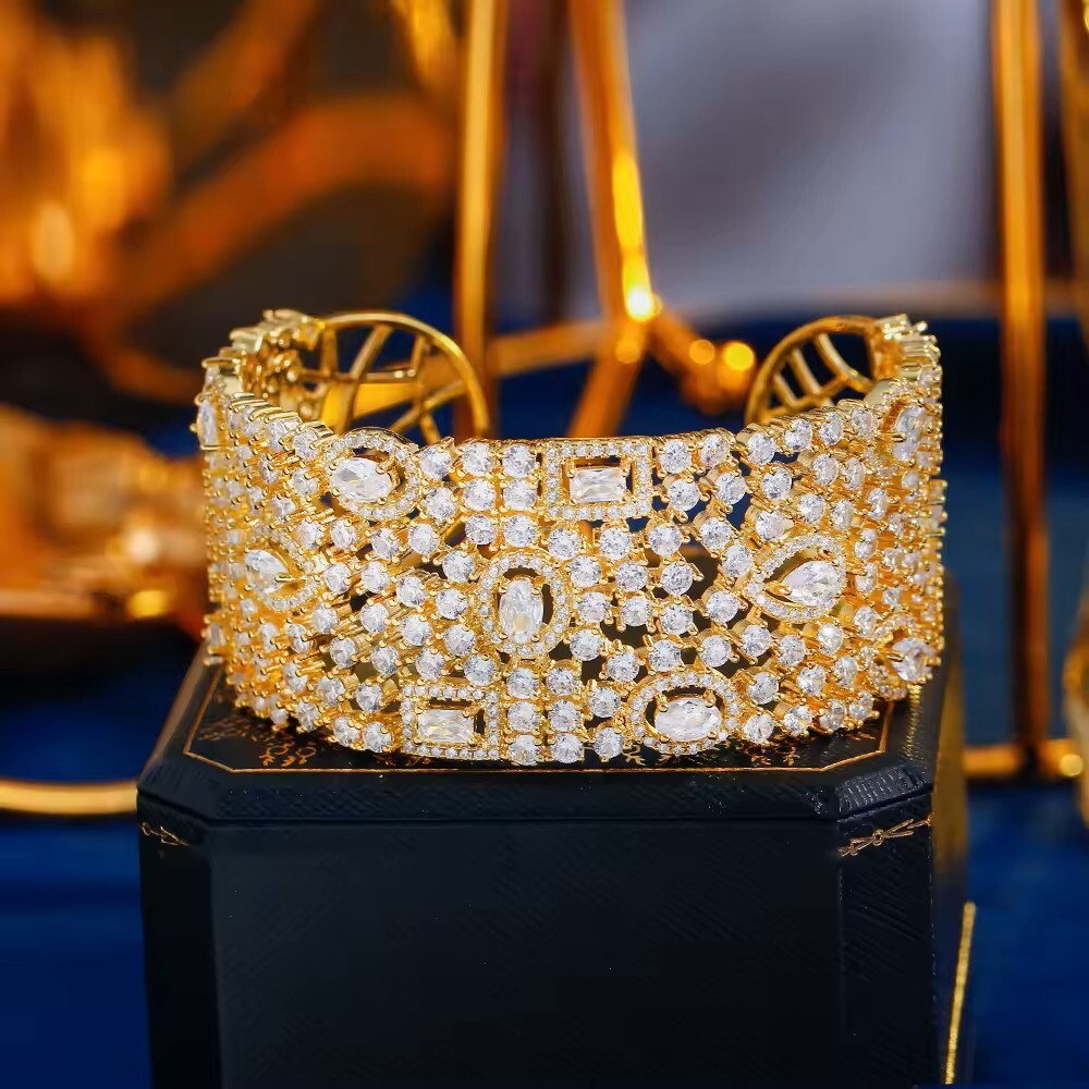 Gold-plated Cubic Zirconia Encrusted Cuff Bracelet *** White or Yellow Gold ***
