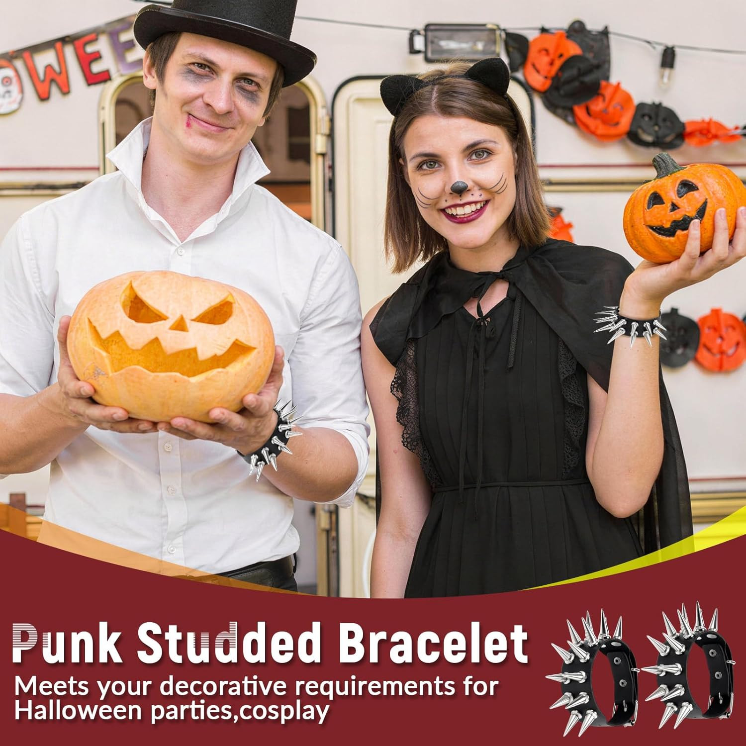 Punk Leather Studded Bracelet Set 2 Pcs Spike Rivet Cuff Wristband Bracelet