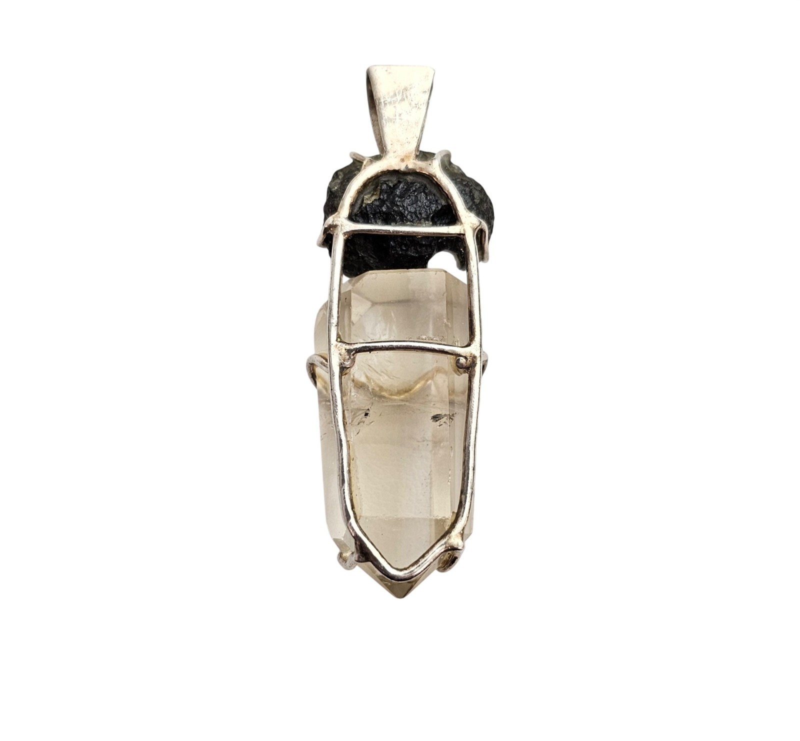 Sterling Silver Quartz Crystal, Tektite Caged Pendant C971