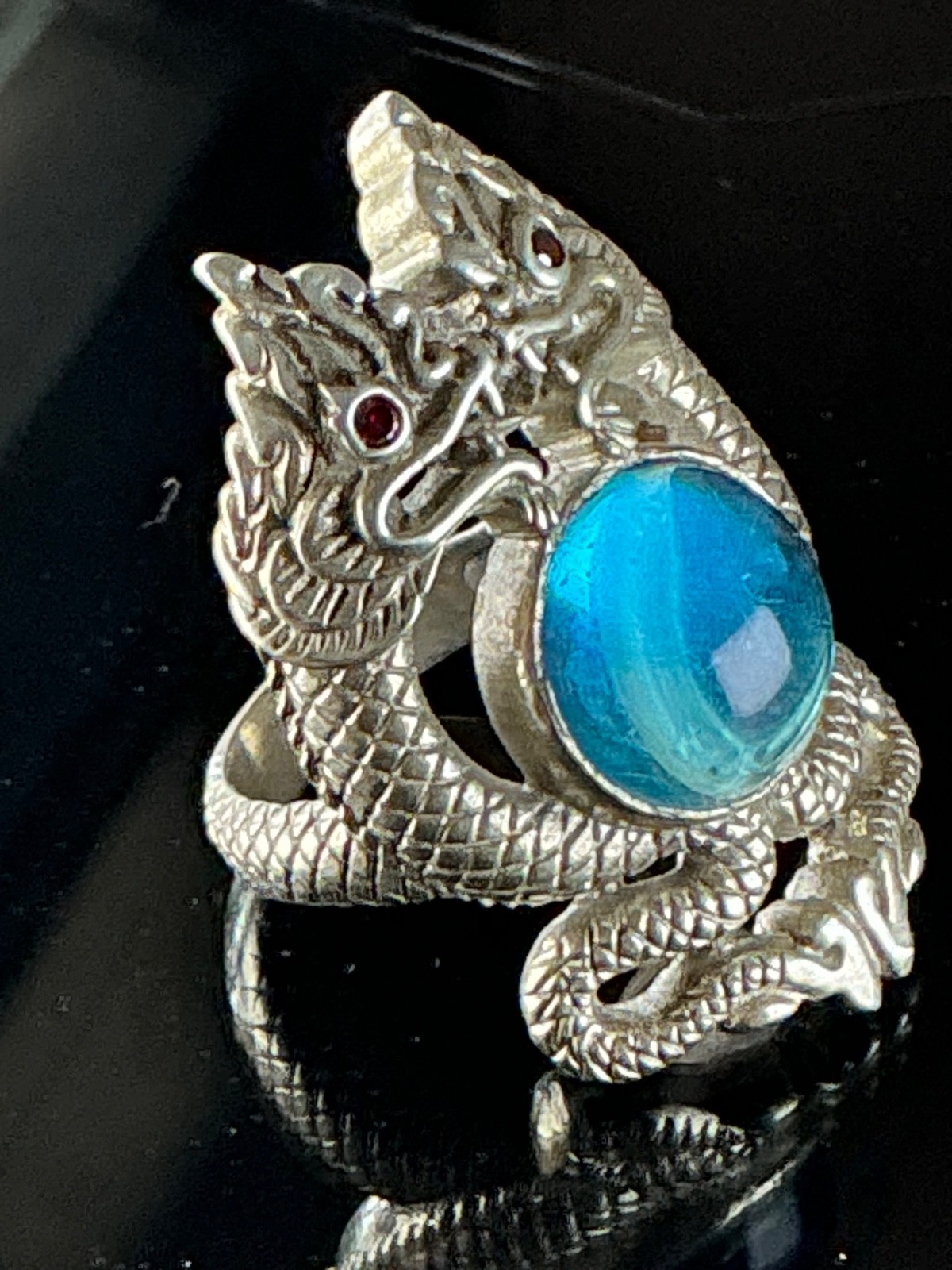 Vintage Blue Stone Twin Naga Unique Style Silver Ring Size 8