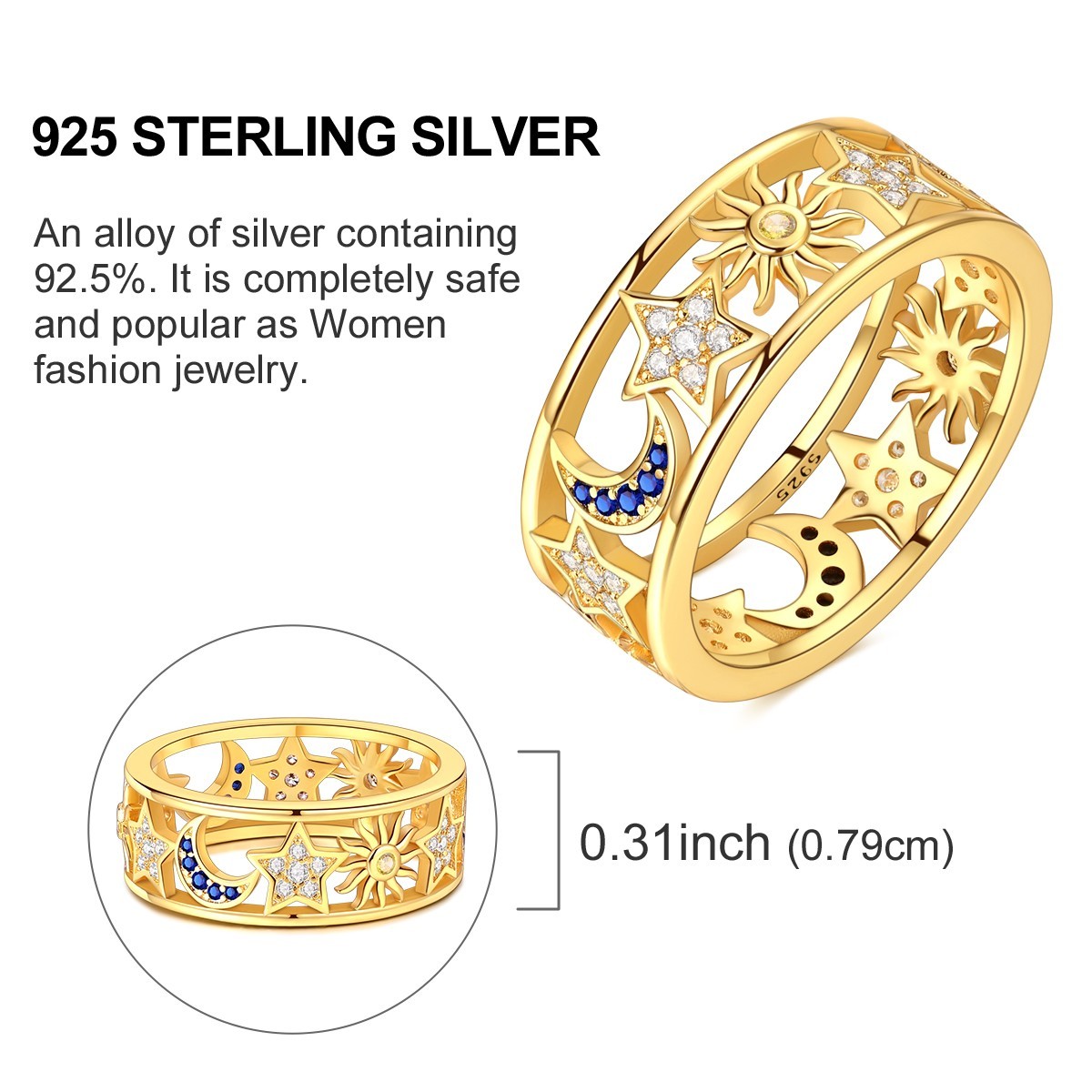 LAZA 925 Sterling Silver Sun Moon Star Hollow Finger Ring Blue CZ Women Jewelry