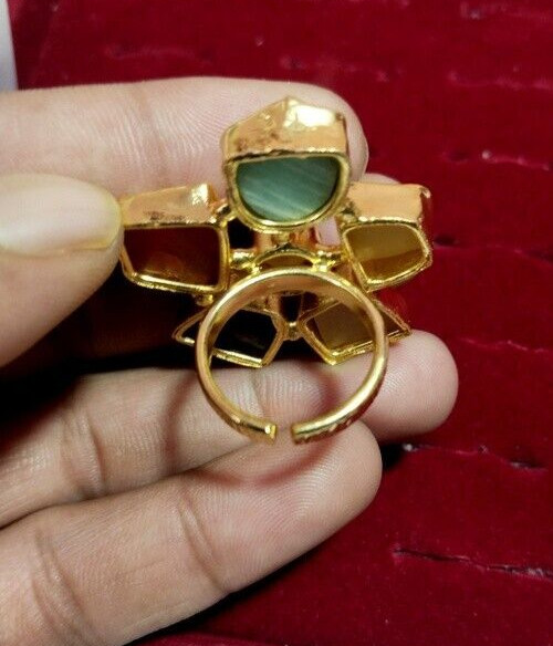 Natural Multi stone Handmade Adjustable Ring Gemstone Brass Ring Raw Ring.