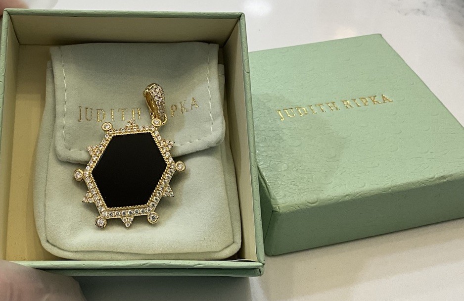 Judith Ripka Black Onyx Diamonique 14K Gold Clad Hexagon Enhancer Pendant