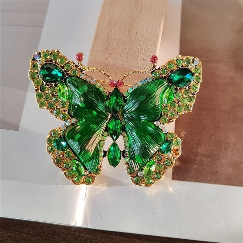 Heavy Crystal Green Butterfly Brooch Retro Women Coat Pin Jewelry Dress up