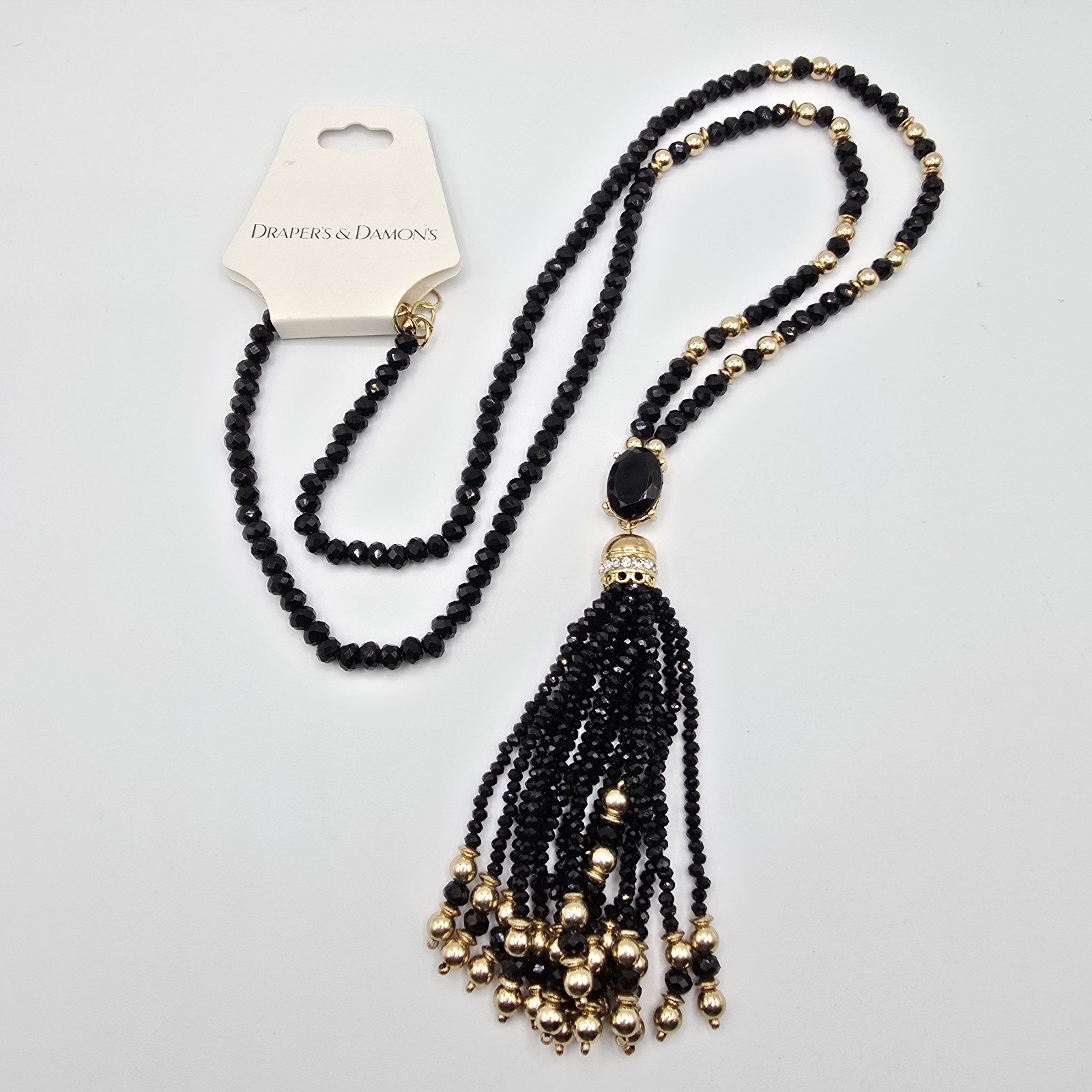 Draper’s & Damon’s Black Beaded Tassel Statement Necklace Gold Tone 34″