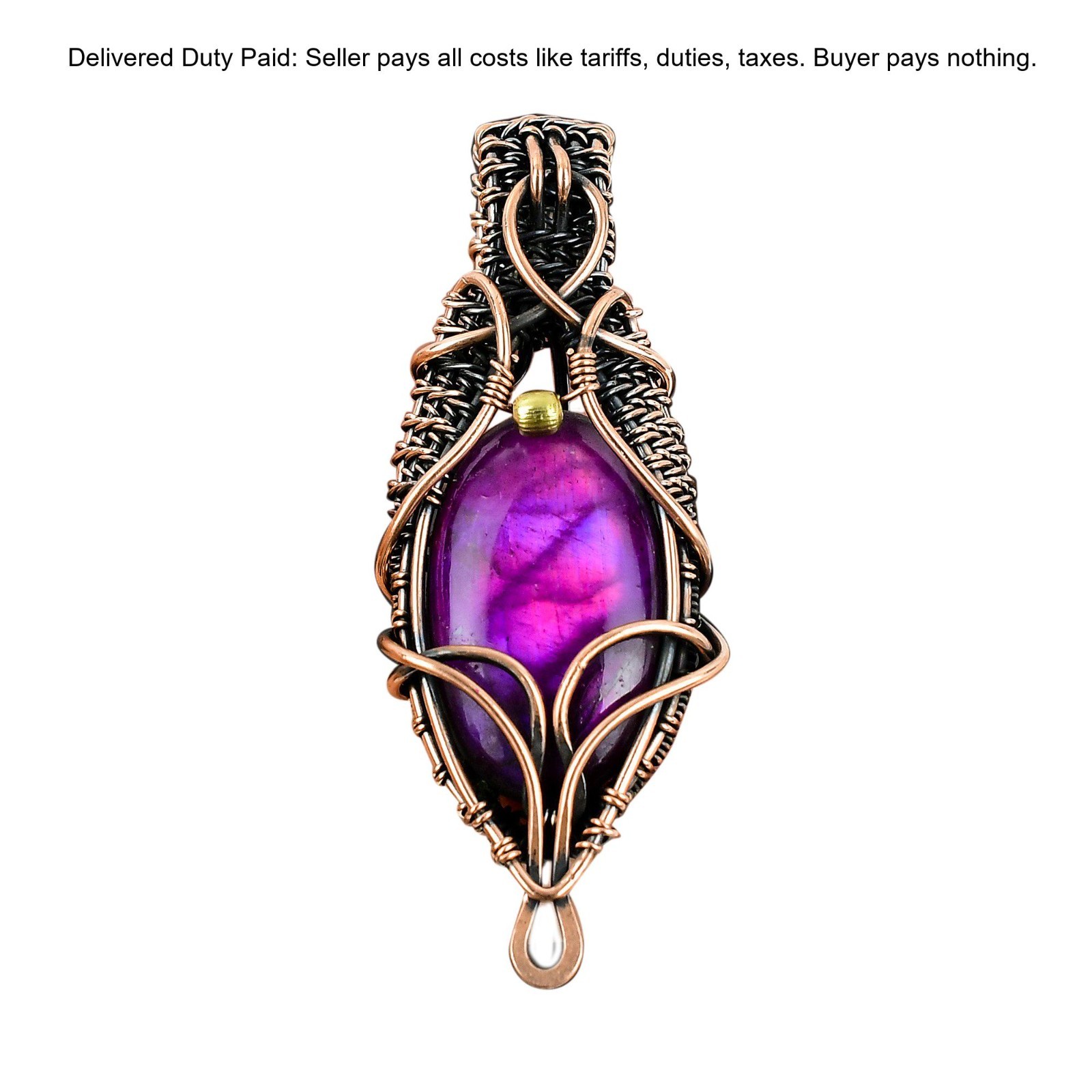 Copper Pink Fire Labradorite Gemstone Engagement Birthday Wire Wrapped Pendant