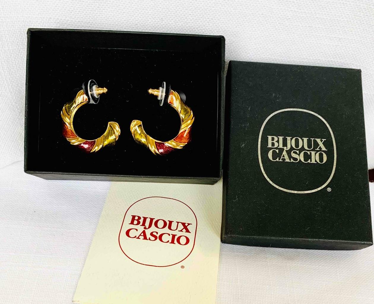 Vtg. Bijoux Cascio Gold Tone & Enamel Pierced Hoop Earrings Green Purple Orange