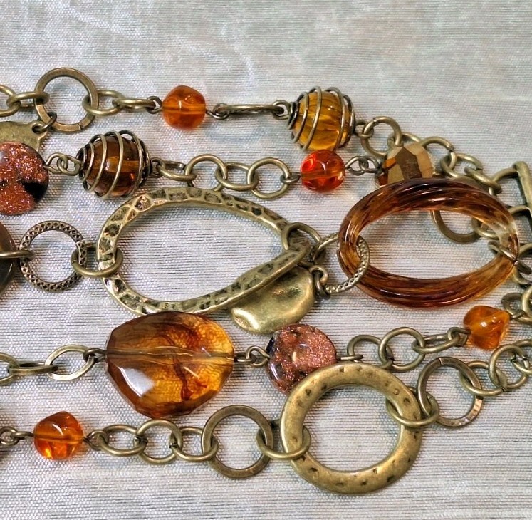 Premier Designs Hammered Bronzetone Faux Amber Bead Wide 5-Chain Toggle Bracelet