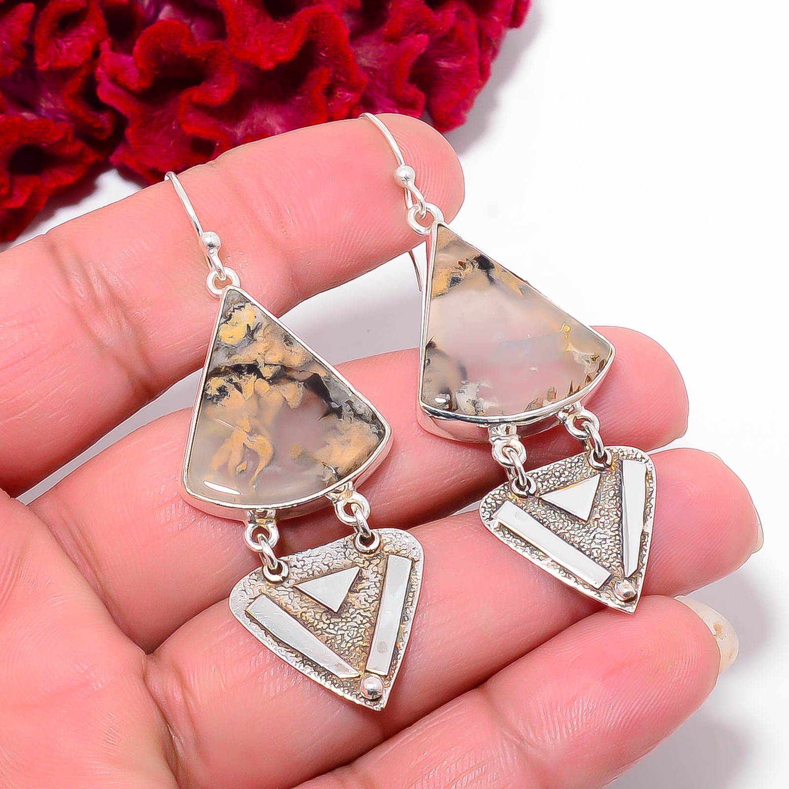Merlinite Dendritic Opal -Brazil Handmade 925 Sterling Silver Earring 2.46″ E25