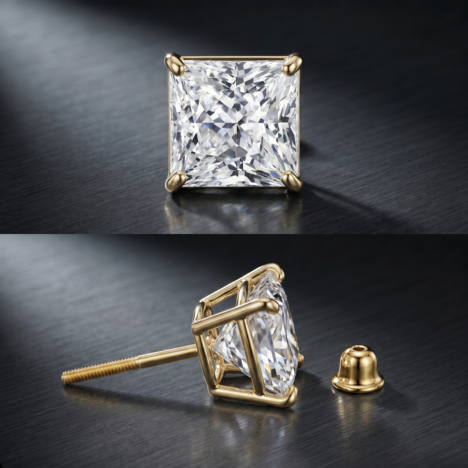 14K Solid Yellow Gold Square Princess Cubic Zirconia Screw Back Stud Earrings