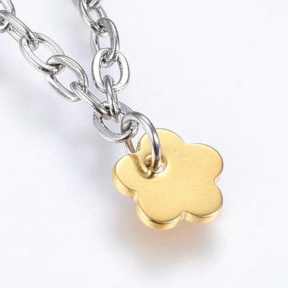 Stainless Steel Charm Bracelet Lobster Flower Gold Silver Color 7.8″ 2.5mm A74
