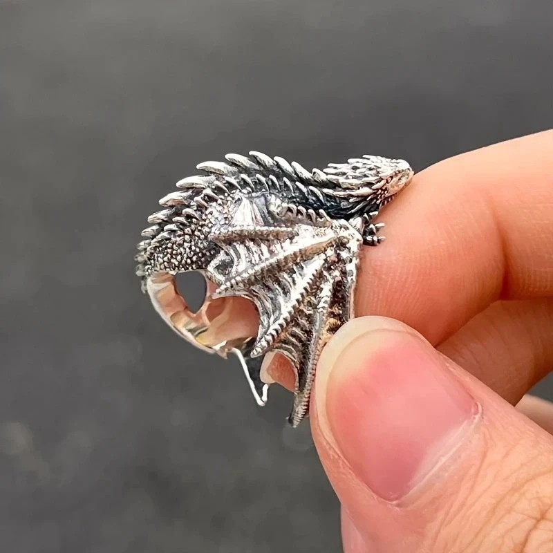 New Vintage Gothic Punk Dragon Ring Adjustable Pterosaur Wings Retro Silver Men’