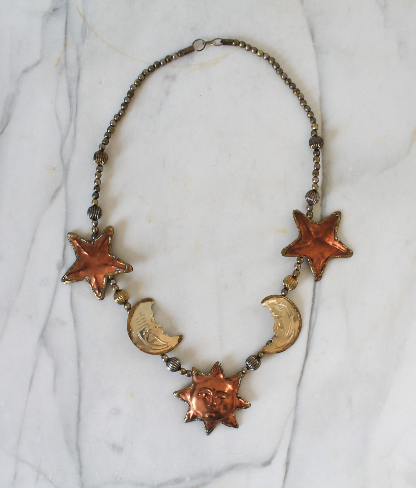 Vintage Handmade Sun Moon & Stars Necklace Celestial Brass Boho Chunky