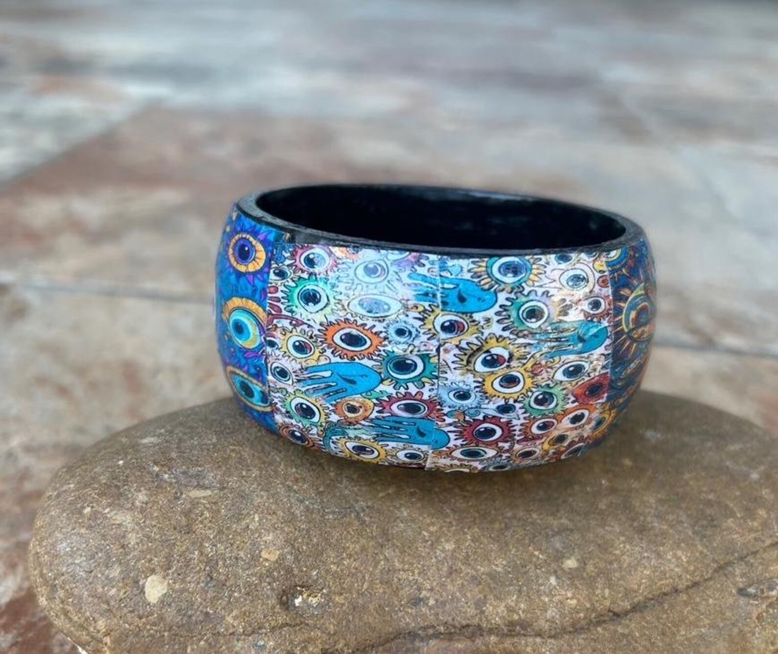 Decoupaged Evil Eye Cuff, Mati Protection Jewelry, Turkish Greek Culture