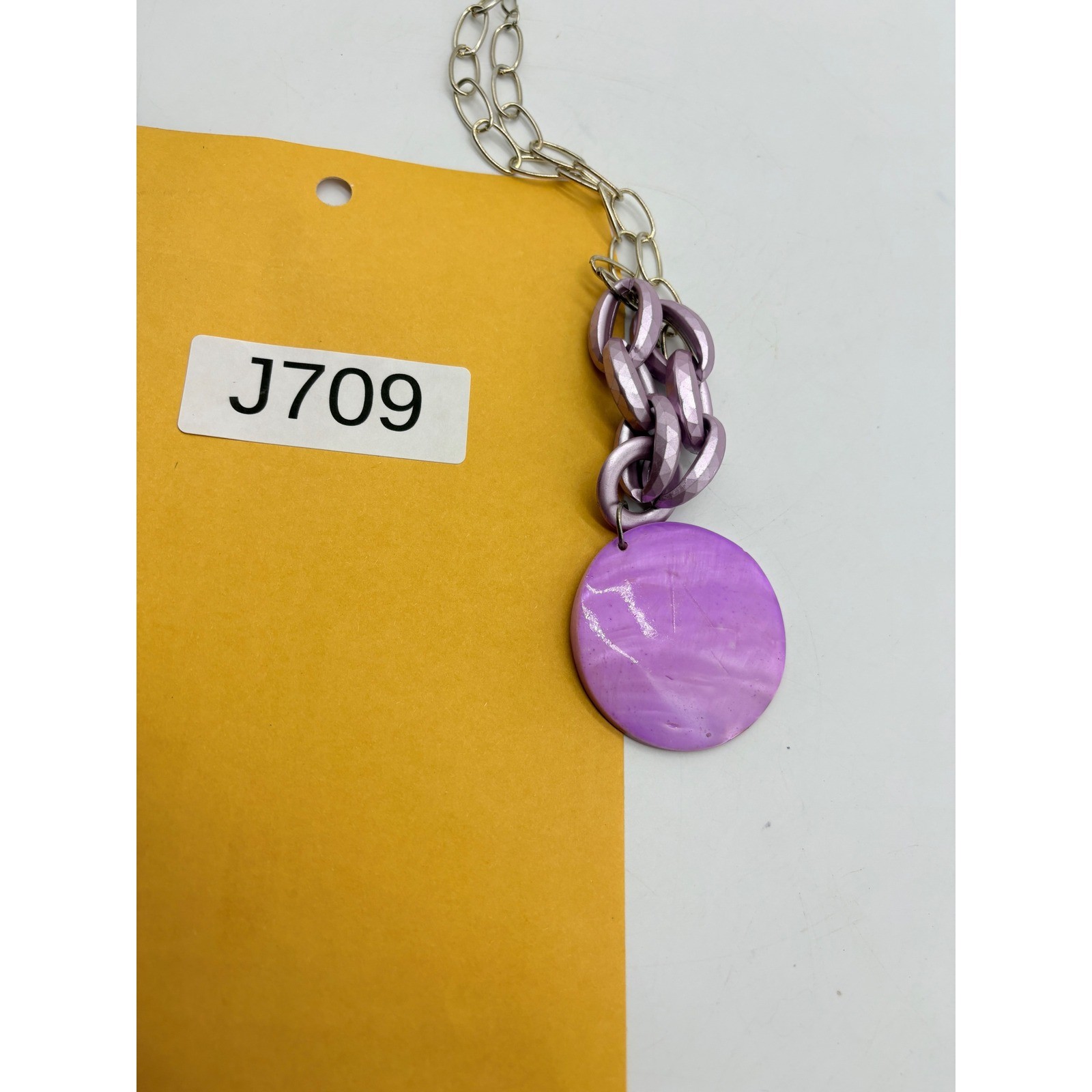 Purple Chunky Link Statement Necklace Iridescent Shell Pendant Silver Tone 17in