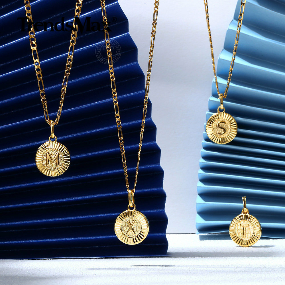 Gold Plated Letter A-Z Pendant Necklace Choker Mens Stainless Steel Figaro Chain