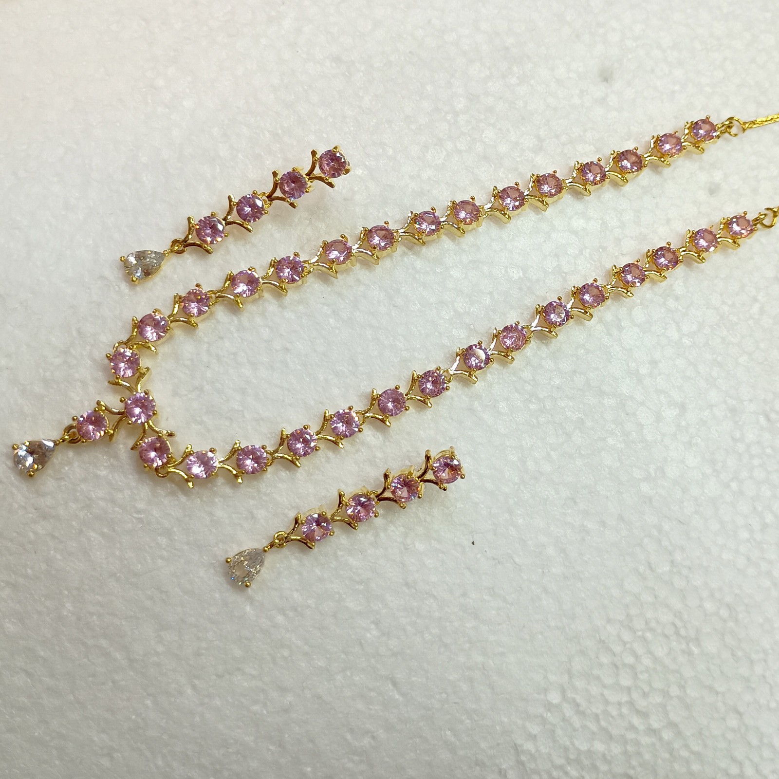 22K Gold Plated Pink Morganite Choker Set Handmade Round Crystal Party Necklace
