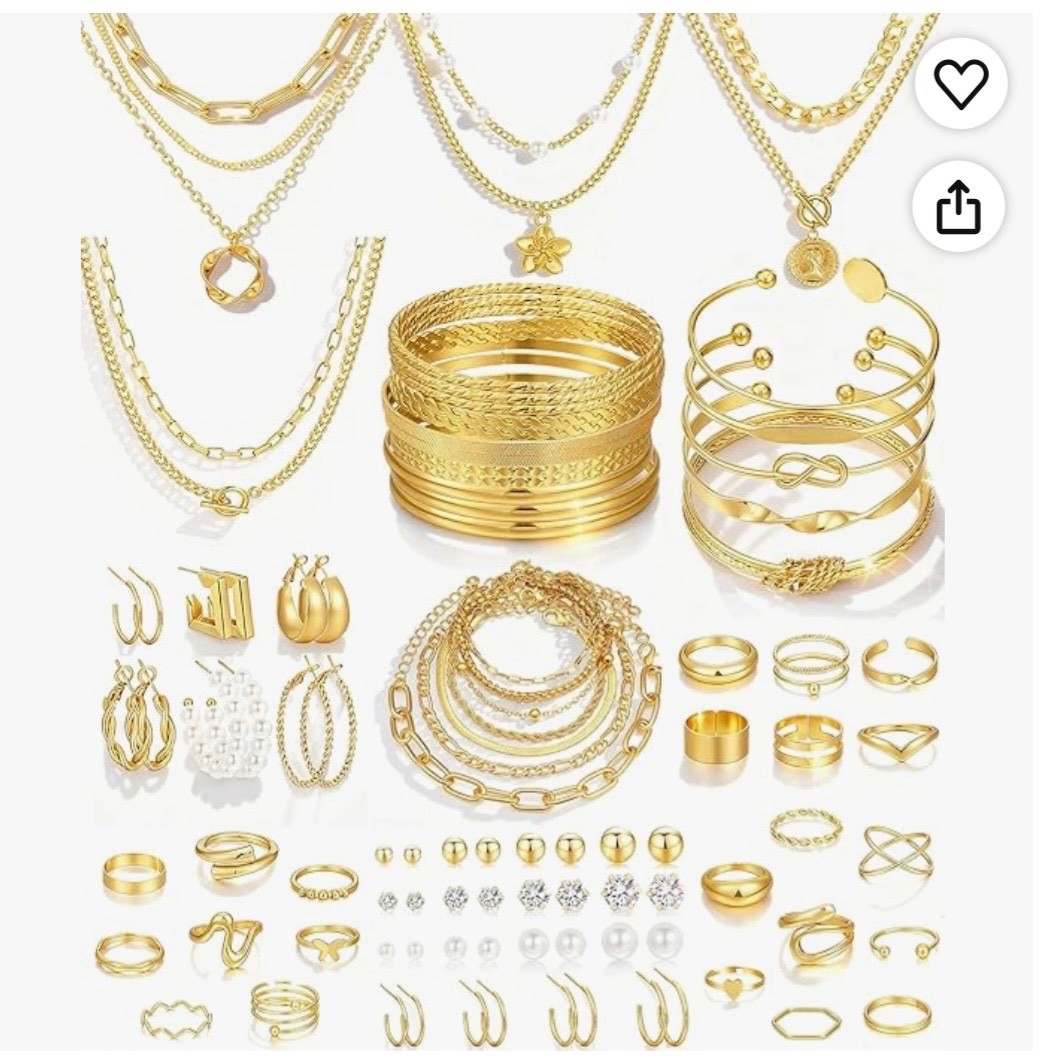 78 Pieces Gold Jewelry Set 9 Necklace, 24 Bracelet, 22 Earrings 23 Knuckle Ring