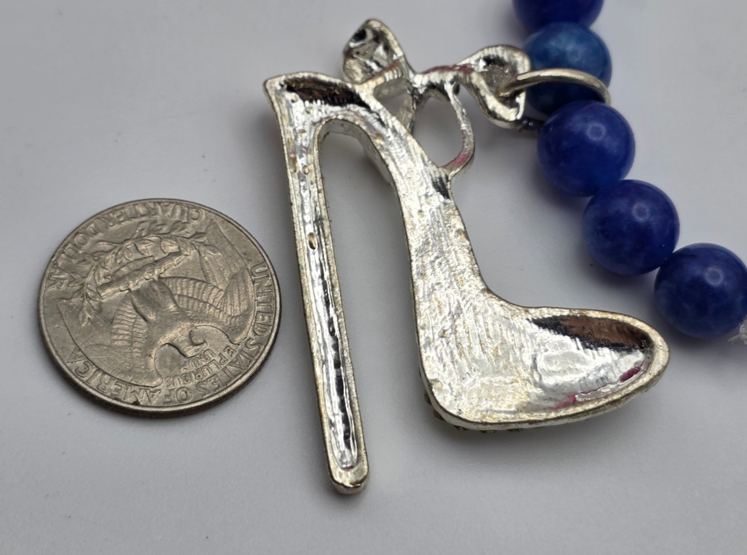 Natural Blue Stone Beaded Stretch Bracelet AB Crystal Pump Shoe Charm 6 In