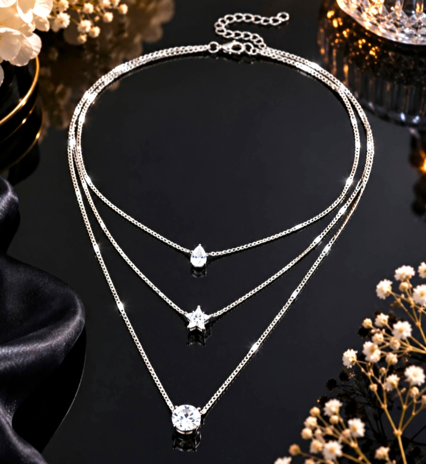 Silver Tone Layered Chain Necklace, Star Teardrop & Round Crystal Charms
