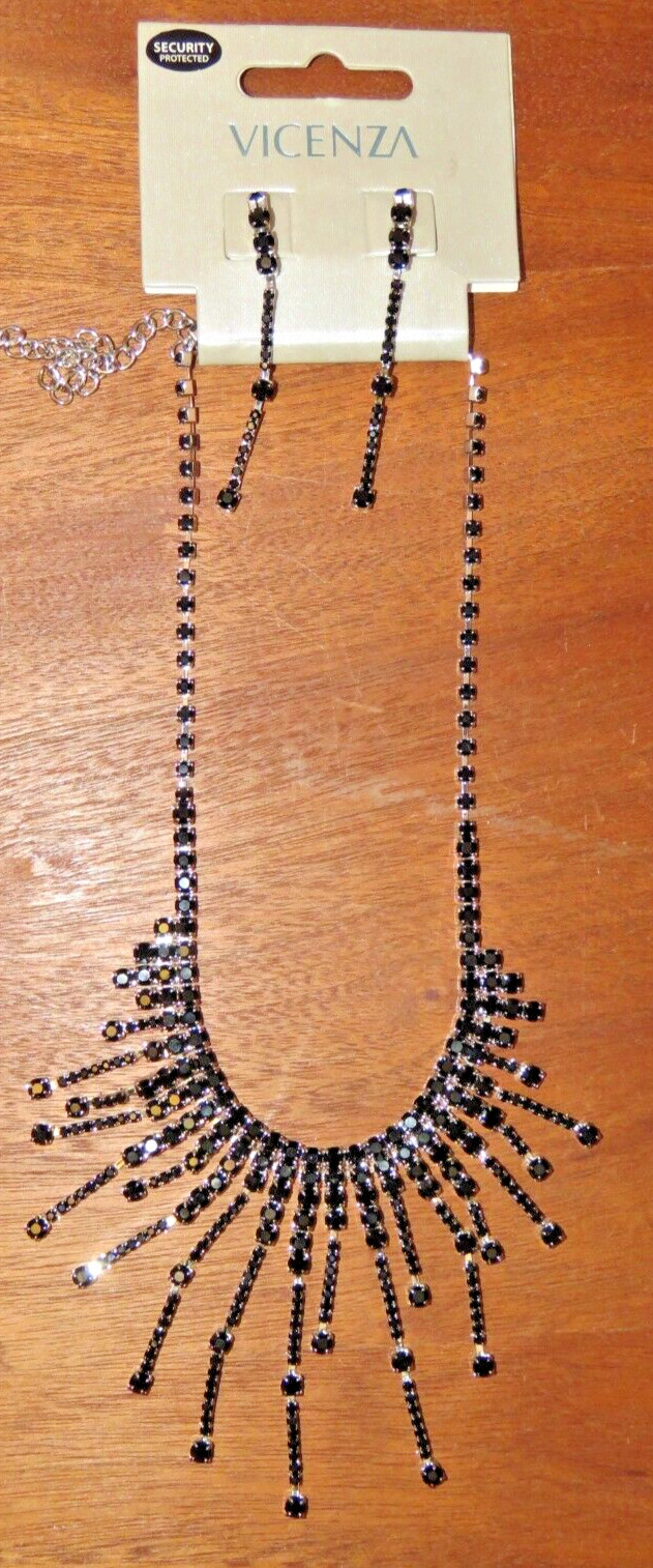 Debenhams Vicenza Costume Jewellery Silver Metal Black Gems Choker Necklace Drop