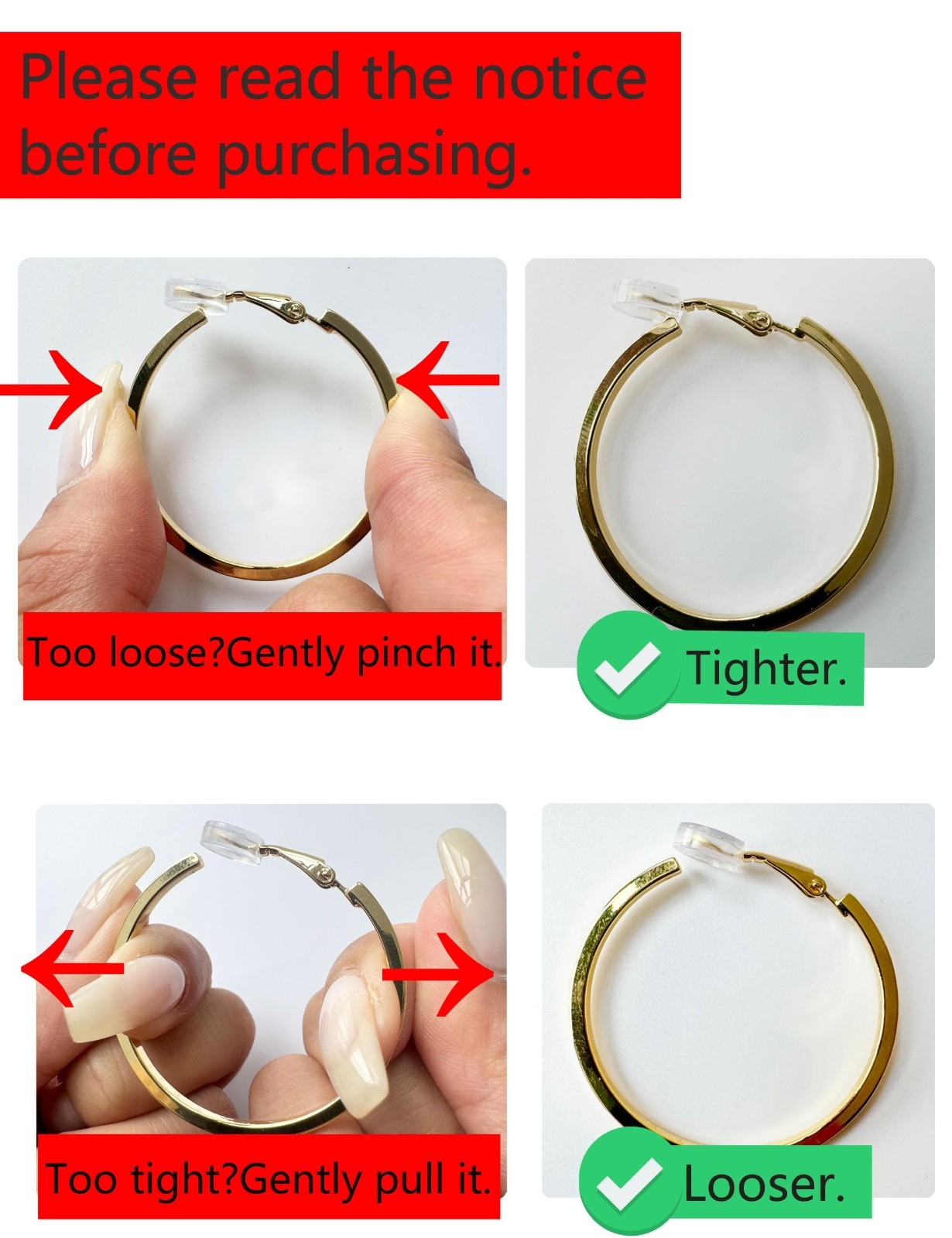 Trendy 14K Gold Clip-On Hoop Earrings for Women, Large Lightweight Non-Pierced E
