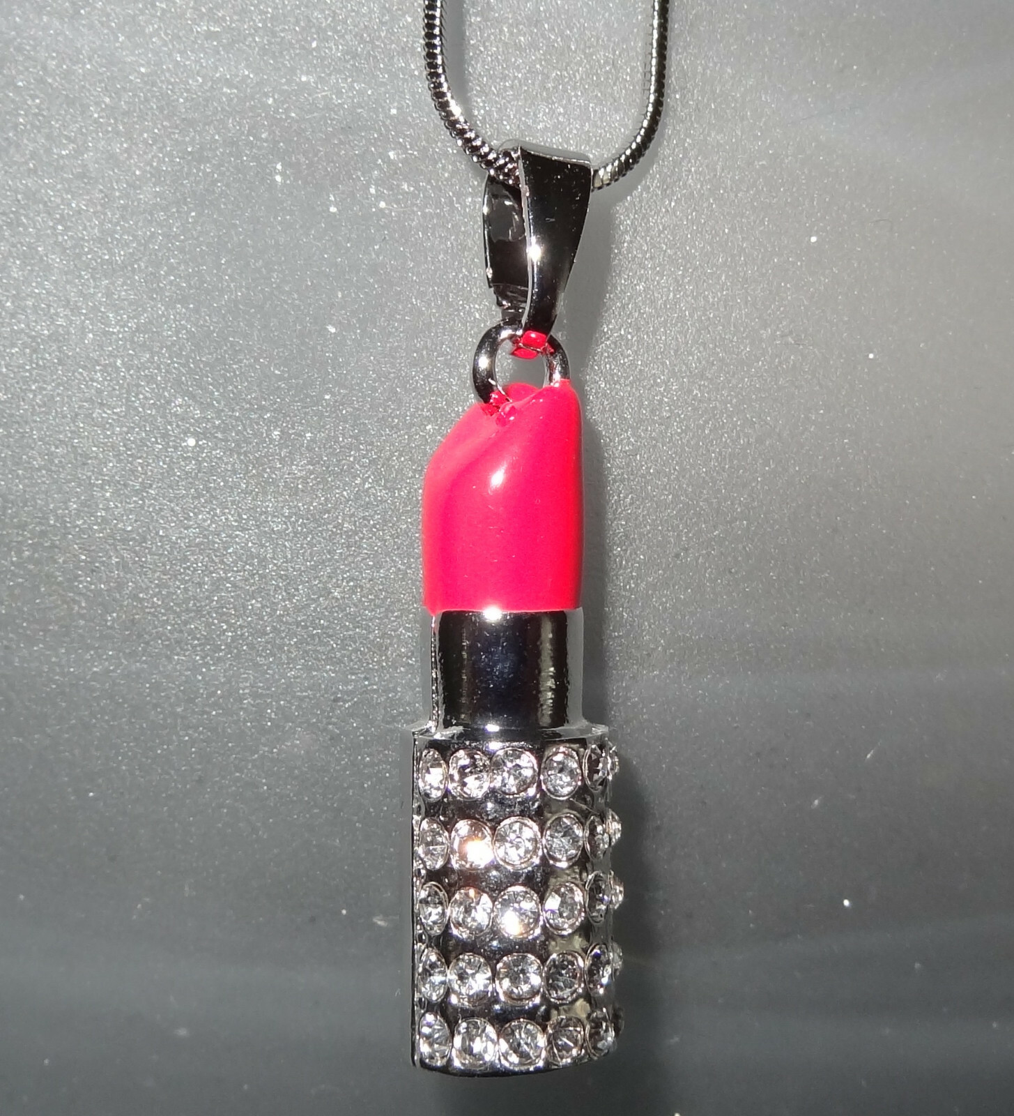 Beautiful Hot Pink Lipstick Pendant Necklace Rhodium Plated in a Gift Box