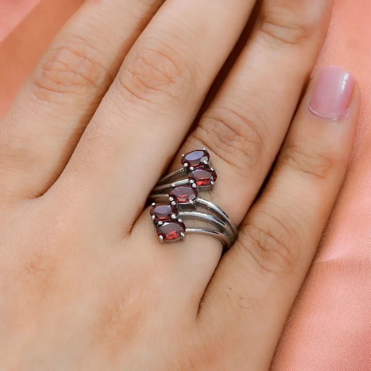 Mozambique Red Garnet 5 Stone Ring in 316L Stainless Steel Size 8 3.00ctw NEW
