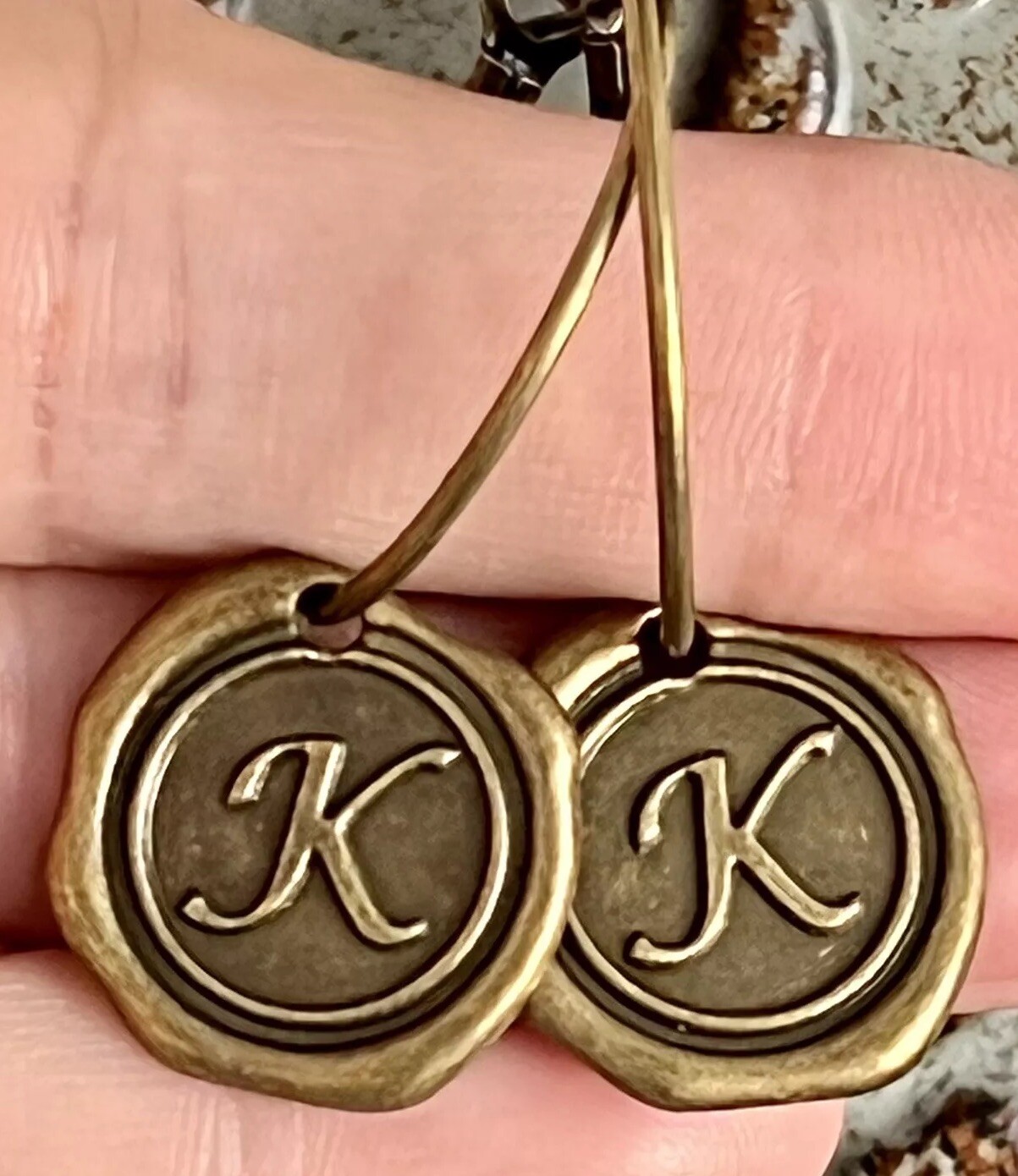 Bronze Dangle Hoop Initial K Earrings. Wax Seals.