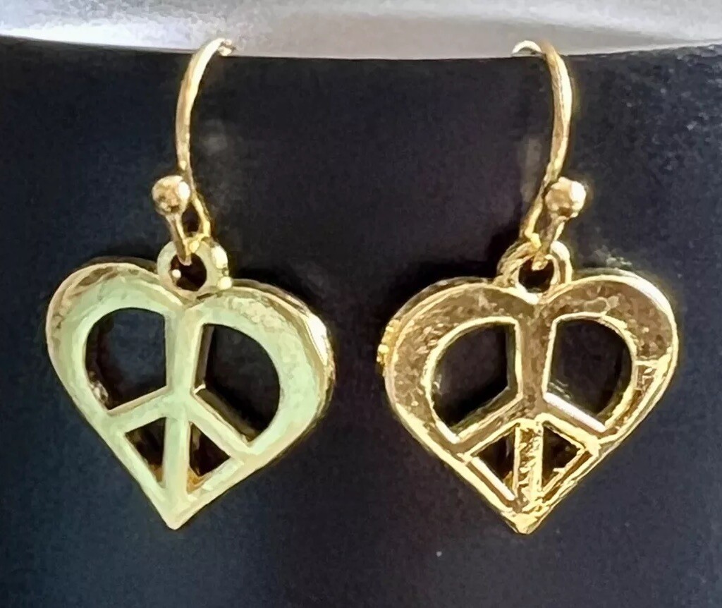 Gold Heart Peace Sign Dangle Earrings. Retro. Peace. Love.