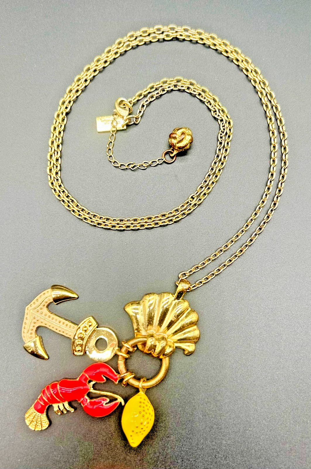 Lilly Pulitzer Nautical Charm Long Necklace Gold Tone Shell Lobster Anchor Lemon